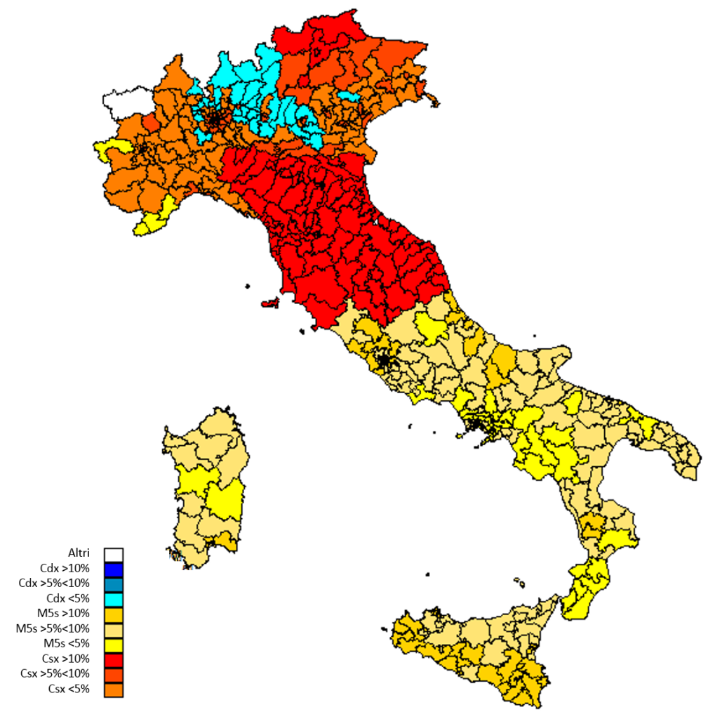 Mappa geopolitica dell'Italia suddivisa in collegi elettorali, colorati in base al margine di vittoria o alla concentrazione del voto per le diverse coalizioni e forze politiche. In basso a sinistra è presente una legenda verticale che associa ciascuna fascia a un quadrato colorato. La legenda elenca, dall'alto verso il basso: Altri in rosa carne; tre fasce per il centro-destra denominate Cdx maggiore di 10% in blu scuro, Cdx compreso tra 5% e 10% in azzurro e Cdx minore di 5% in ocra chiaro; tre fasce per il Movimento 5 Stelle denominate M5s maggiore di 10% in giallo scuro, M5s compreso tra 5% e 10% in giallo e M5s minore di 5% in giallo limone; tre fasce per il centro-sinistra denominate Csx maggiore di 10% in rosso scuro, Csx compreso tra 5% e 10% in arancione e Csx minore di 5% in rosso acceso.
Sul territorio nazionale la distribuzione geografica dei colori evidenzia tre blocchi molto netti. Il nord-ovest (Piemonte, Liguria e parte della Lombardia) e il nord-est (Veneto e Friuli-Venezia Giulia) sono interamente coperti dal colore arancione legato alla fascia del centro-sinistra compreso tra il 5% e il 10%, intervallato a nord da una concentrazione di collegi azzurri del centro-destra tra il 5% e il 10% (Lombardia settentrionale e Trentino-Alto Adige) e da un collegio bianco in Valle d'Aosta. Le regioni del centro Italia (Emilia-Romagna, Toscana, Umbria e Marche) appaiono come un blocco compatto di colore rosso scuro, che indica la fascia del centro-sinistra con margine superiore al 10%. Infine, l'intera area del centro-sud (dal Lazio in giù), insieme a Sicilia e Sardegna, si presenta interamente coperta dalle sfumature gialle e giallo scuro associate al Movimento 5 Stelle, con la sola eccezione di un singolo punto nero in corrispondenza della città di Roma.